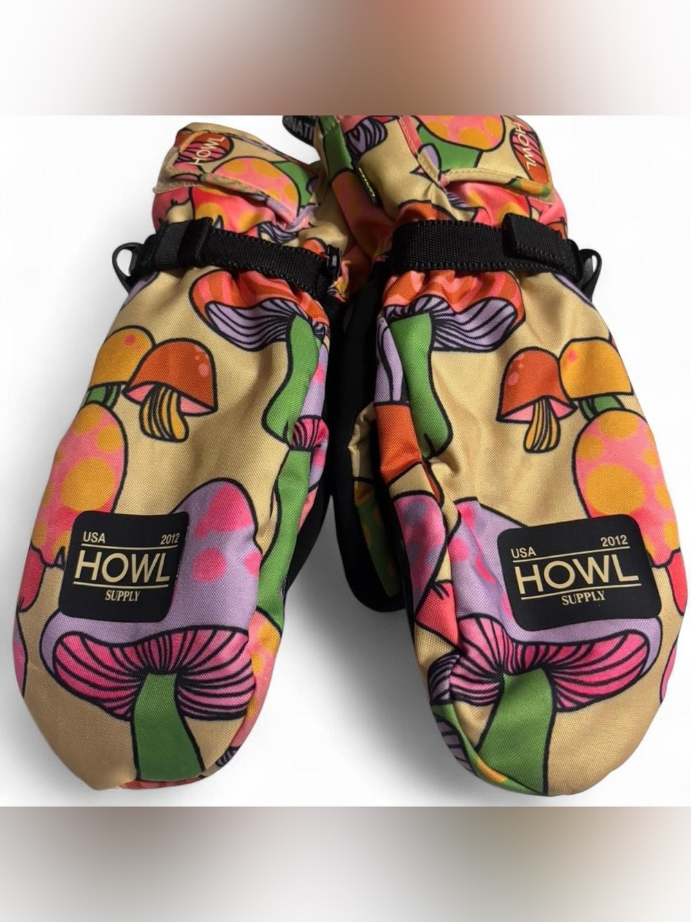 Howl Supply 2019 Ski Gloves Mushroom-Print Mittens in Tan and Multicolor